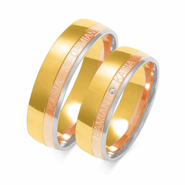 Obrączki z wielobarwnego złota z cyrkoniami i brylantem