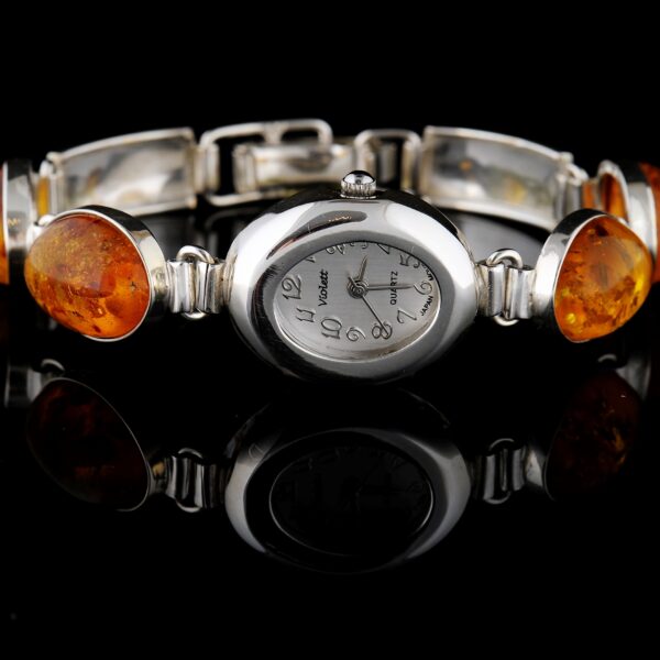 Zegarek ze srebra z bursztynami
