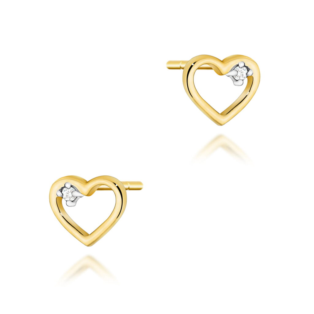 kolczyki złote w kształcie serca z brylantem