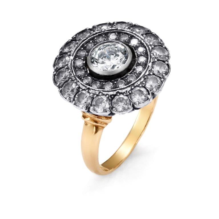 Pierścionek z żółtego złota i srebrem z palladem z cyrkonią