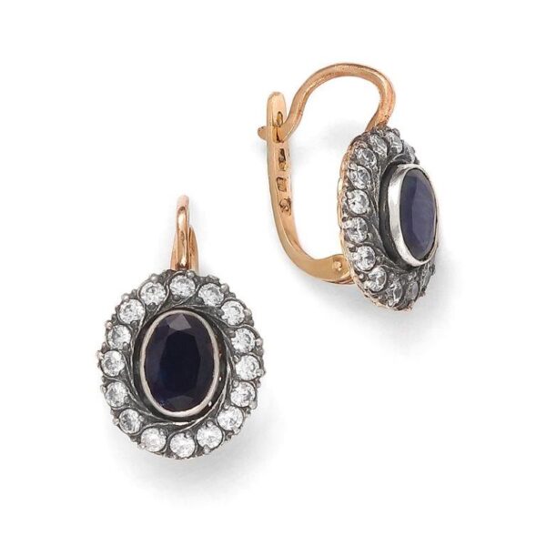 Kolczyki z żółtego złota i srebra z palladem z szafirem naturalnym i cyrkonią