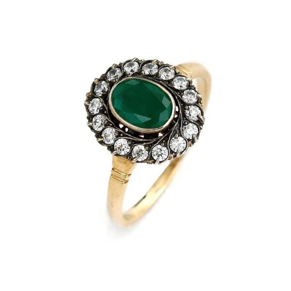 Pierścionek z żółtego złota i srebra z palladem ze szmaragdem i cyrkonią