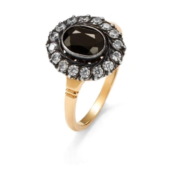 Pierścionek z żółtego złota i srebrem z palladem z szafirem i cyrkonią