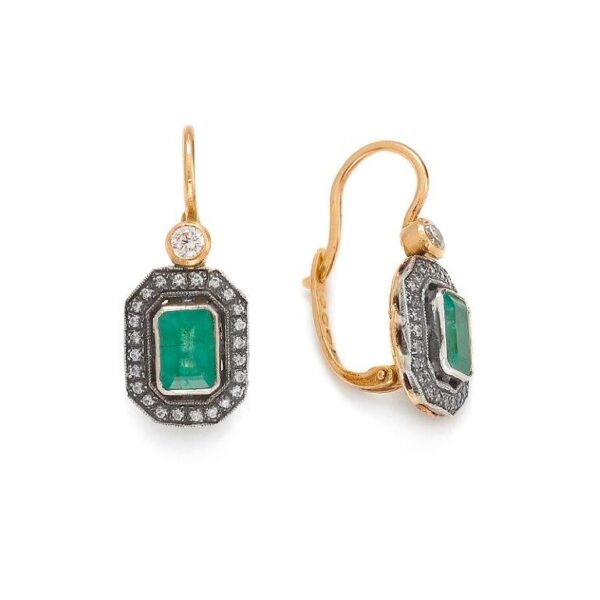 Kolczyki z żółtego złota i srebra z palladem z szmaragdem naturalnym i cyrkonią