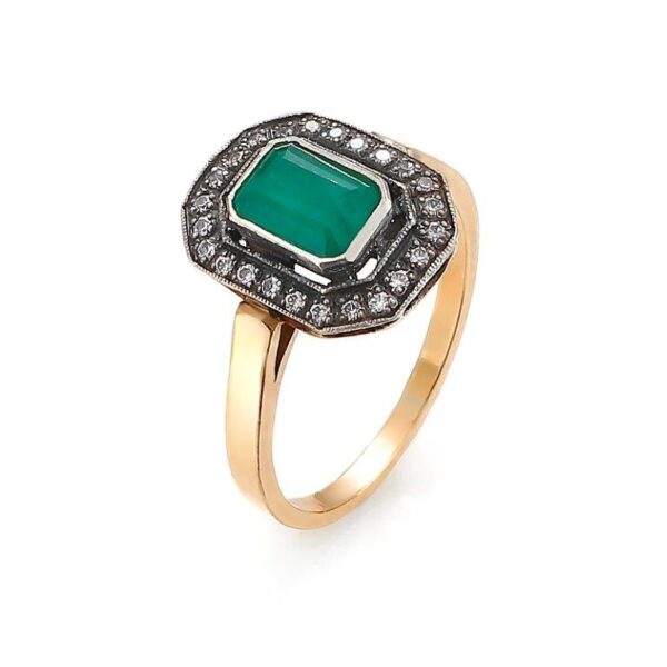 Pierścionek z żółtego złota i srebra z palladem ze szmaragdem i cyrkonią