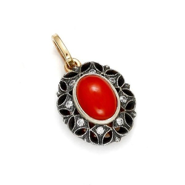 Zawieszka ze złotem i srebra z palladem z koralem naturalnym i cyrkonią