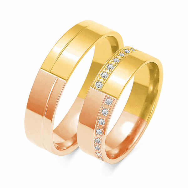 Obrączki z wielobarwnego złota z cyrkoniami i brylantem