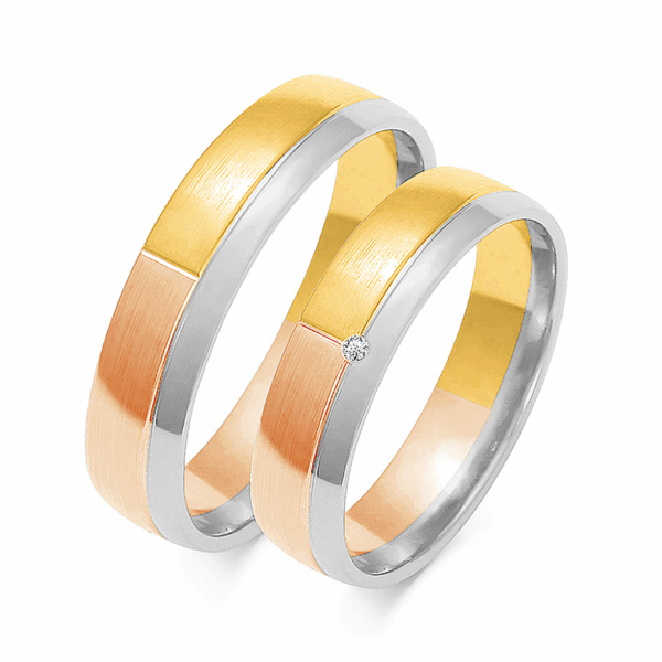 Obrączki z wielobarwnego złota z cyrkoniami i brylantem