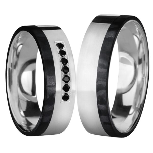 Obrączki z carbonu i ze srebra z brylantem