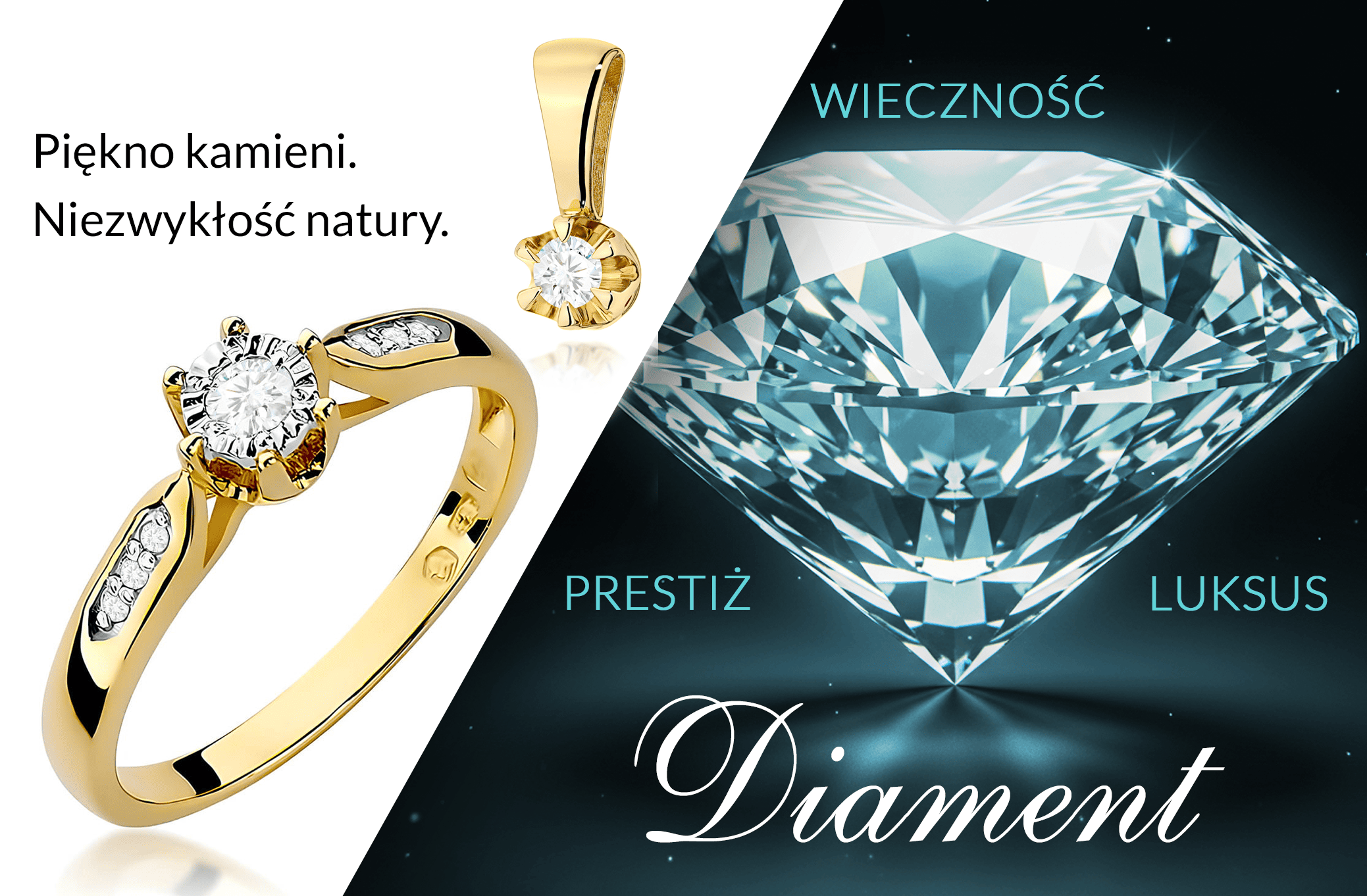 obraz przedstawiający diament, pierścionek z diamentem oraz zawieszkę z diamentem