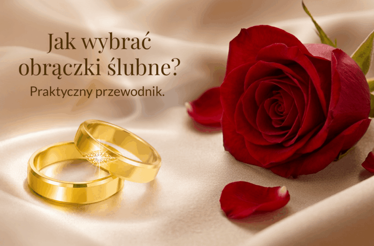 obrączki na atłasowym tle, z prawej strony leżąca czerwona róża