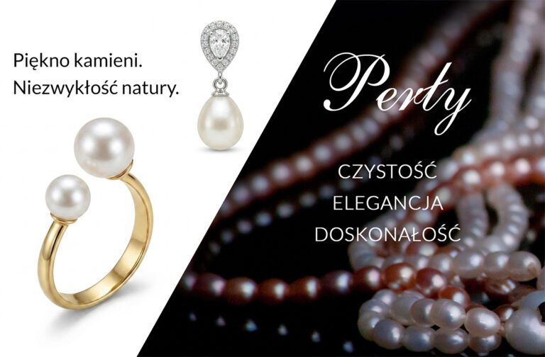 Srebrny (pozłacany) pierścionek z dwiema perłami i wisiorek z perłą i diamentami na białym tle, z napisem 'Perły' na czarnym tle z naszyjnikami z pereł w odcieniach beżu i szarości