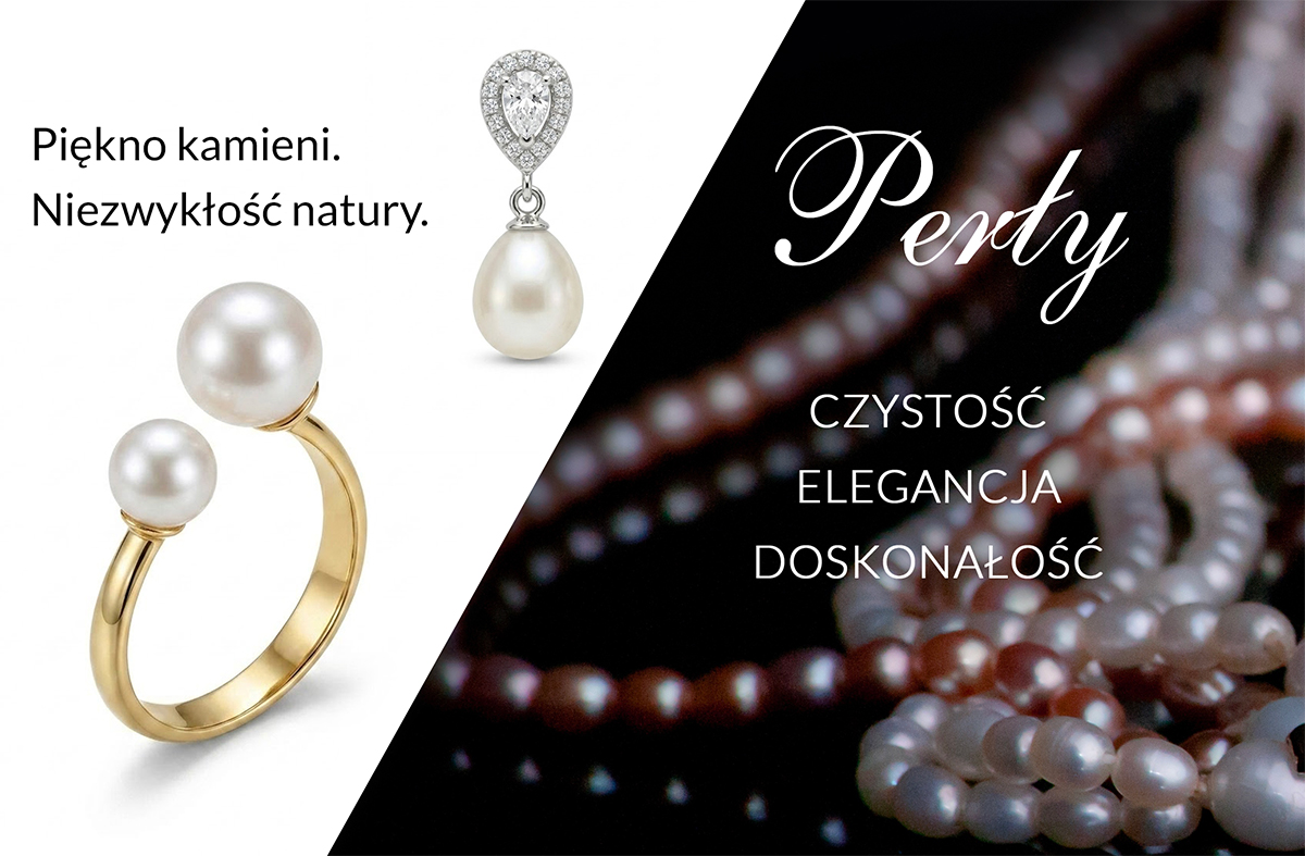 Srebrny (pozłacany) pierścionek z dwiema perłami i wisiorek z perłą i diamentami na białym tle, z napisem 'Perły' na czarnym tle z naszyjnikami z pereł w odcieniach beżu i szarości