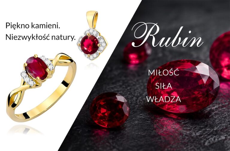 Grafika przedstawiająca rubin oraz złotą biżuterię z rubinem i diamentami. Rubin symbolizuje miłość, siłę i władzę.