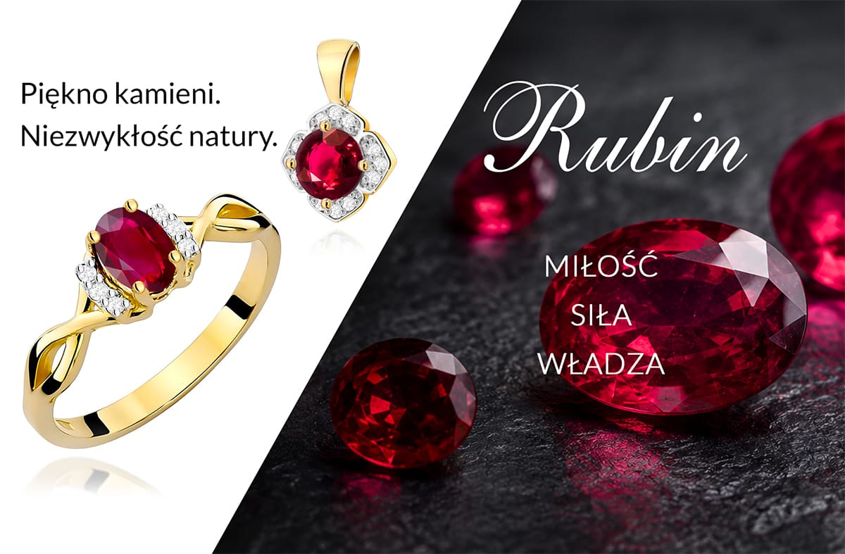 Grafika przedstawiająca rubin oraz złotą biżuterię z rubinem i diamentami. Rubin symbolizuje miłość, siłę i władzę.