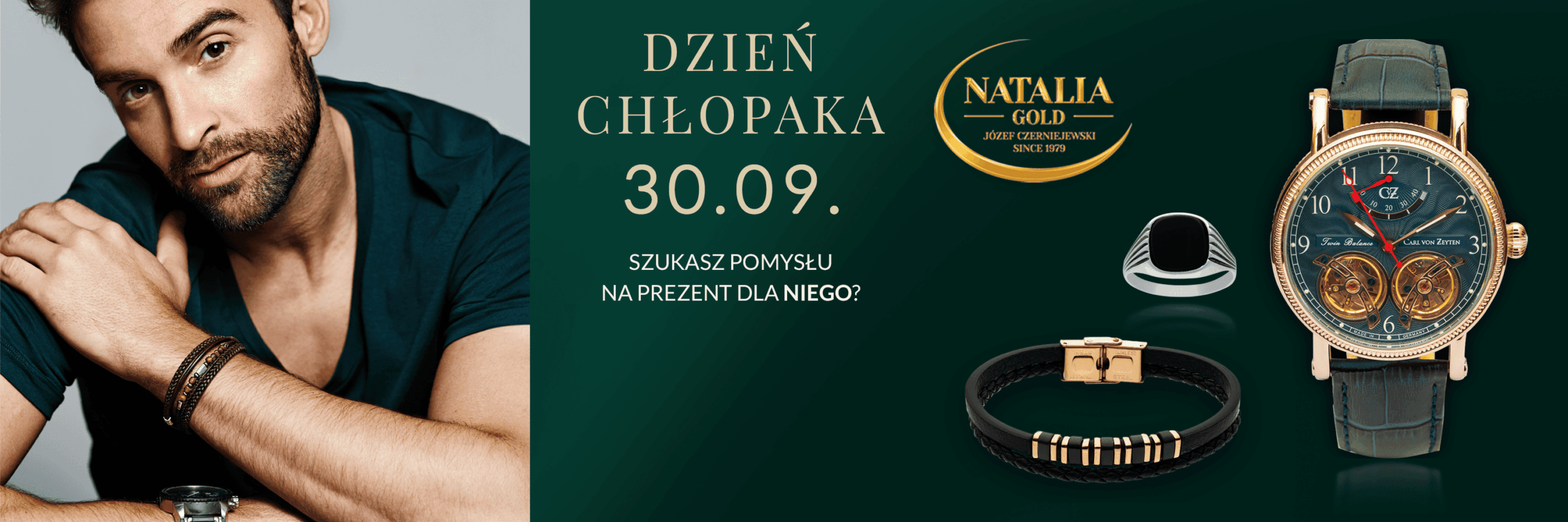 Mężczyzna w eleganckim stroju oraz zegarek, skórzana bransoletka i pierścionek – propozycje prezentów na Dzień Chłopaka od Natalia Gold.
