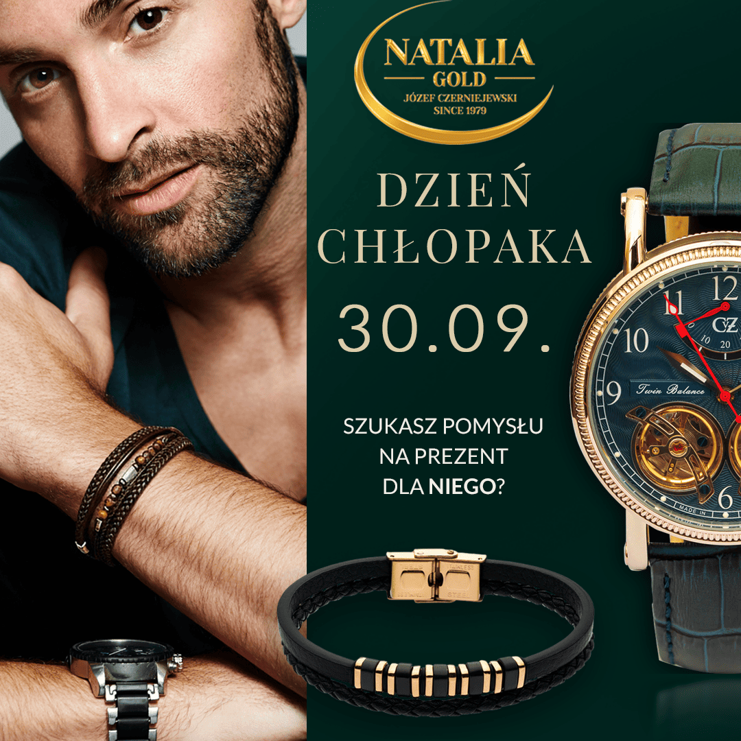 Mężczyzna w eleganckim stroju oraz zegarek, skórzana bransoletka i pierścionek – propozycje prezentów na Dzień Chłopaka od Natalia Gold.